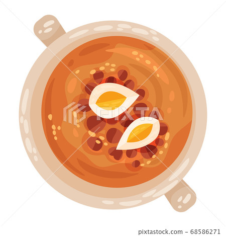 Soup with Beans and Boiled Egg as Spanish Cuisine Dish Served in Bowl Vector Illustration 68586271