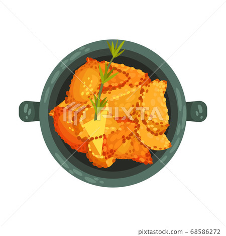 Stuffed Pastry or Dumplings Garnished with Herb as Spanish Cuisine Dish Served in Bowl Vector Illustration 68586272