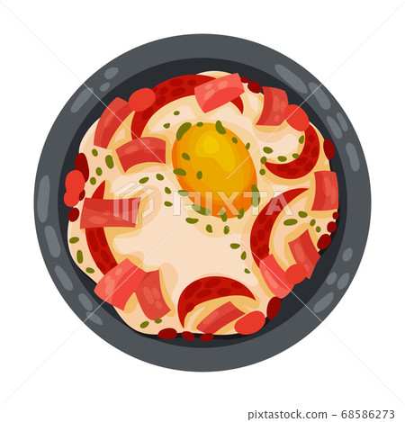 Scrambled Egg with Sausage and Herbs as Spanish Cuisine Dish Served on Plate Vector Illustration 68586273