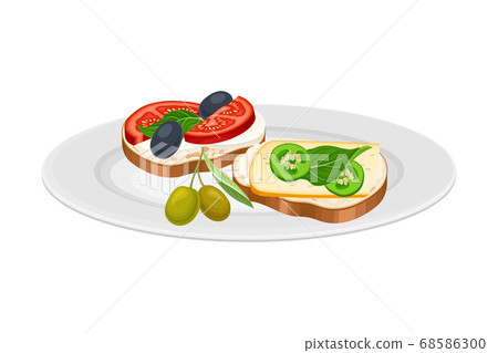 Sandwiches with Cheese, Olives and Tomatoes as Spanish Cuisine Dish Served on Plate Vector Illustration 68586300