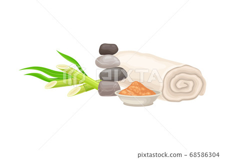 Sandal Wood Powder, Rolled Towel and Hot Stones as Spa Treatment Vector Composition Sandal Wood Powder, Rolled Towel and Hot Stones as Spa Treatment Vector Composition 68586304