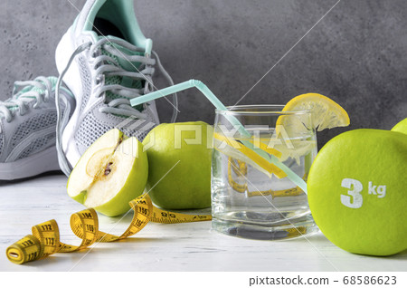 sneakers, Apple, glass of lemonade with lemon, sneakers, Apple, glass of lemonade with lemon, 68586623