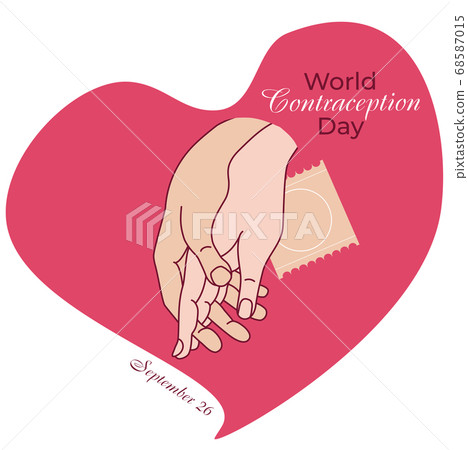 Celebration of the World Contraception Day. Hands in a pink heart and protection. The mans palm hugs the womans palm. Gesture is love and passion. Vector illustration 68587015