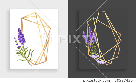 Geometric frame polyhedron. Abstract gold floral frame with leaves and branch of lilac. Luxury decorative modern polygonal geometric banner. Polyhedron closeup. Beautiful wedding card templates 68587436