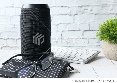 smart speaker and keyboard with copy space on white background  68587903