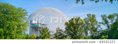 Montreal city biosphere Environmental Museum tourist attraction landmark panorama banner summer background. Mobile picture taken with phone 68591325