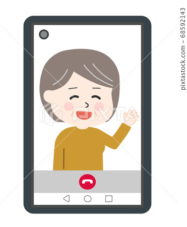 Illustration of a middle-aged woman making a video call on a smartphone 68592143