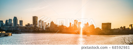 Montreal city skyline at sunset banner background view of downtown from old port, harbourfront panorama. Summer travel destination, Canada, North America 68592981