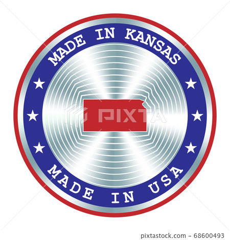 Made in Kansas local production sign, sticker, seal, stamp. Round hologram sign for label design and national USA marketing 68600493