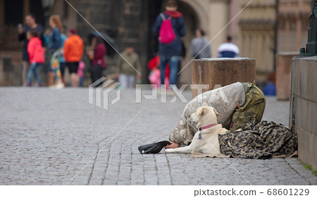 Beggar with dog begging for alms on the street in Beggar with dog begging for alms on the street in 68601229