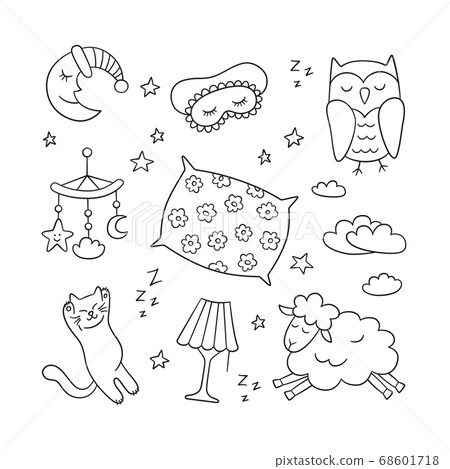 Sleep set in doodle style. Good night symbols - moon, lamp, sleeping cat, pillow and more. Vector illustration Sleep set in doodle style. Good night symbols - moon, lamp, sleeping cat, pillow and more. Vector illustration 68601718