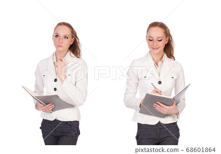 Red hair girl holding paper isolated on white Red hair girl holding paper isolated on white 68601864