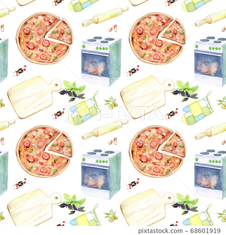 watercolor drawings of kitchen appliances and products - seamless pattern Sketch watercolor drawings of kitchen appliances and products - seamless pattern Sketch 68601919