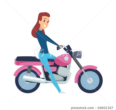 Girl driver. Cute woman on motorcycle. Isolated cartoon female rides motorbike vector illustration 68602167