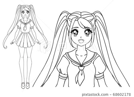 Smiling manga girl with big eyes and two pigtails Smiling manga girl with big eyes and two pigtails 68602178