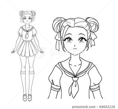 Smiling manga girl with big eyes and two pigtails Smiling manga girl with big eyes and two pigtails 68602226