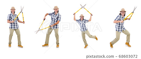 Funny guy with garden shears on white Funny guy with garden shears on white 68603072