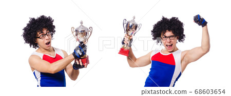 Funny man after winning gold cup isolated on white 68603654
