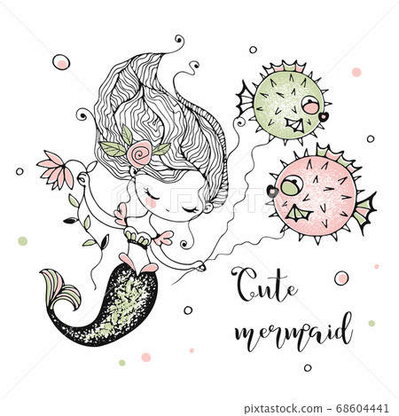 Cute little mermaid with funny fish-hedgehogs. Cute little mermaid with funny fish-hedgehogs. 68604441