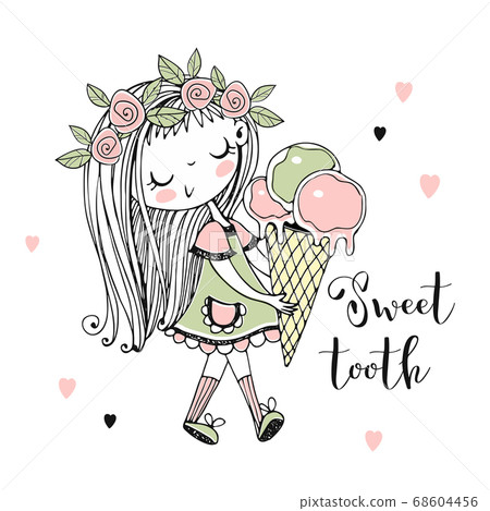 Cute little girl goes with a big ice cream. Sweet Cute little girl goes with a big ice cream. Sweet 68604456