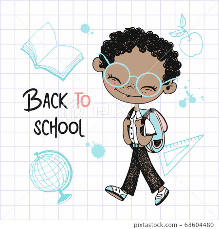 Cute dark-skinned boy with a school backpack goes 68604480
