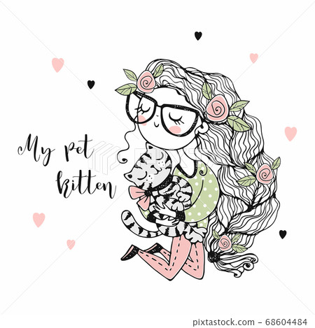 A cute girl with a full braid holds her pet cat. A cute girl with a full braid holds her pet cat. 68604484