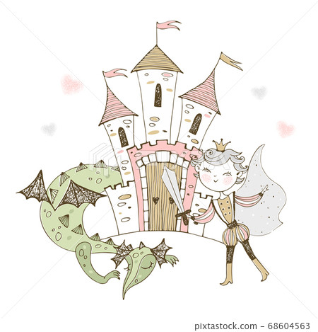 A fairy-tale castle with a Prince and a dragon. 68604563