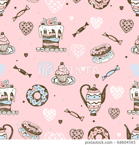 Seamless pattern with sweets, cakes and pastries. - Stock Illustration ...