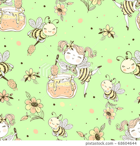 Seamless pattern with flower fairy and honey bees. Seamless pattern with flower fairy and honey bees. 68604644