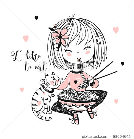 Cute little girl eating chopsticks noodles. Vector 68604645