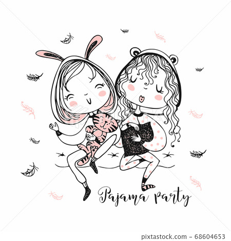 Cute Girls In Pajamas Have Fun At A Pajama Party Stock Illustration