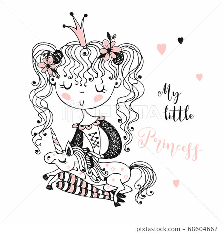 Cute little Princess with a unicorn. Vector. Cute little Princess with a unicorn. Vector. 68604662