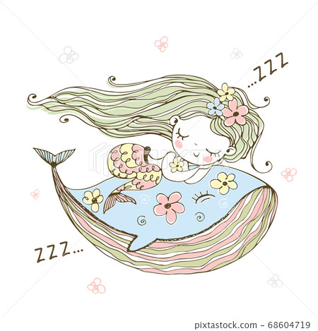 Cute little mermaid sleeping on a whale. Vector 68604719