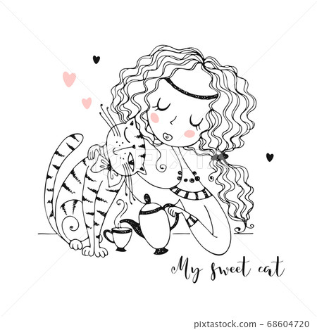 Cute girl with a cat drinking tea. Coloring. 68604720