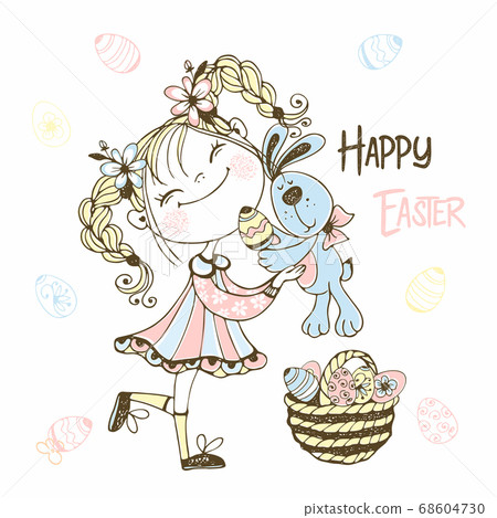 Cute girl with a Bunny and a basket of Easter 68604730