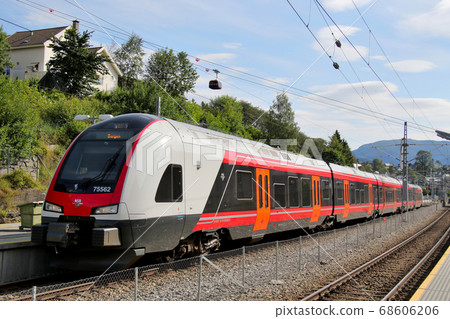 Norway Norwegian Railway Bergen Line Voss Station Stopped 5-Car 1-Car and Voss Gondola Up Norway Norwegian Railway Bergen Line Voss Station Stopped 5-Car 1-Car and Voss Gondola Up 68606206