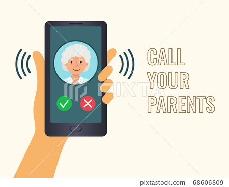 Poster, call your parents. Hand holding phone and calling mom. Poster, call your parents. Hand holding phone and calling mom. 68606809