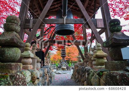 Belfry and autumn foliage at Kashino Nenbutsu Temple in Kyoto 68608428