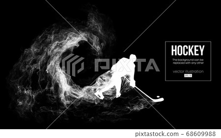 Abstract silhouette of a hockey player on dart, black background from particles, dust, smoke, steam. Hockey player hits the puck. Background can be changed to any other. Vector illustration Abstract silhouette of a hockey player on dart, black background from particles, dust, smoke, steam. Hockey player hits the puck. Background can be changed to any other. Vector illustration 68609988