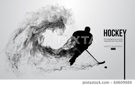 Abstract silhouette of a hockey player on white background from particles, dust, smoke, steam. Hockey player hits the puck. Background can be changed to any other. Vector illustration 68609989