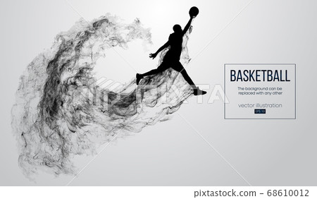 Abstract silhouette of a basketball player on white background from particles, dust, smoke, steam. Basketball player jumping and performs slam dunk. Background can be changed to any other. Vector 68610012