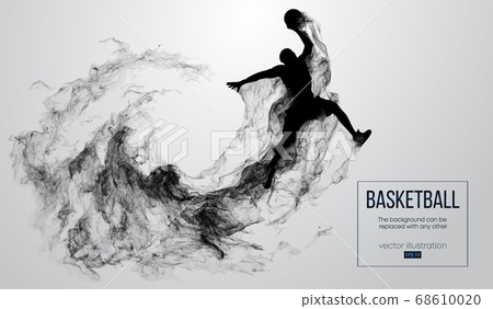 Abstract silhouette of a basketball player on white background from particles, dust, smoke, steam. Basketball player jumping and performs slam dunk. Background can be changed to any other. Vector 68610020