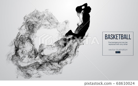 Abstract silhouette of a basketball player on white background from particles, dust, smoke, steam. Basketball player jumping and performs slam dunk. Background can be changed to any other. Vector 68610024