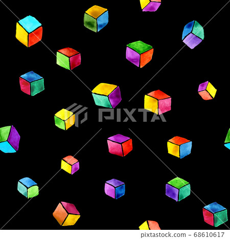 Abstract watercolor seamless pattern of multicolored cubes on a black background 68610617