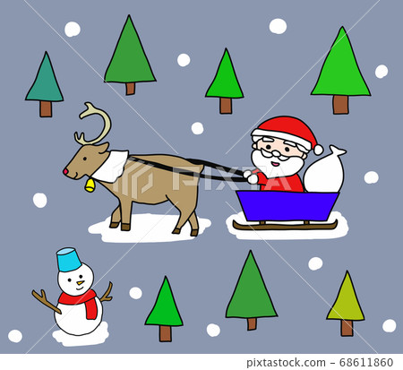 馴鹿在雪橇在森林和聖誕老人與背景中運行 68611860