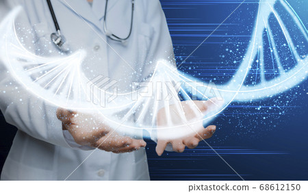 Genetic engineering in medicine. Female doctor operating DNA molecule over blue background, collage Genetic engineering in medicine. Female doctor operating DNA molecule over blue background, collage 68612150