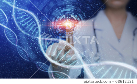 Genetics science and medicine. Female doctor's hand touching virtual screen with DNA molecules, collage Genetics science and medicine. Female doctor's hand touching virtual screen with DNA molecules, collage 68612151