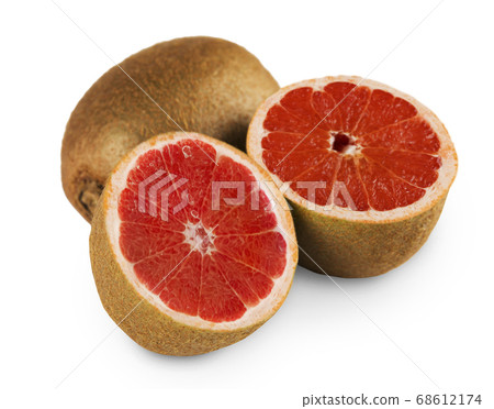 GMO food. Sliced genetically modified kiwis with grapefruit center, isolated on white. Creative collage 68612174