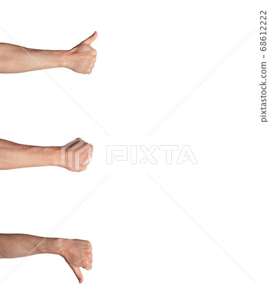 Male hands showing fist, thumb up and thumb down gestures over white background, isolated. Colage with free space Male hands showing fist, thumb up and thumb down gestures over white background, isolated. Colage with free space 68612222