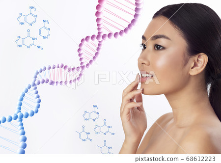 Genetics and beauty. Young Asian girl with soft silky skin and DNA molecule on white background, collage. Copy space Genetics and beauty. Young Asian girl with soft silky skin and DNA molecule on white background, collage. Copy space 68612223